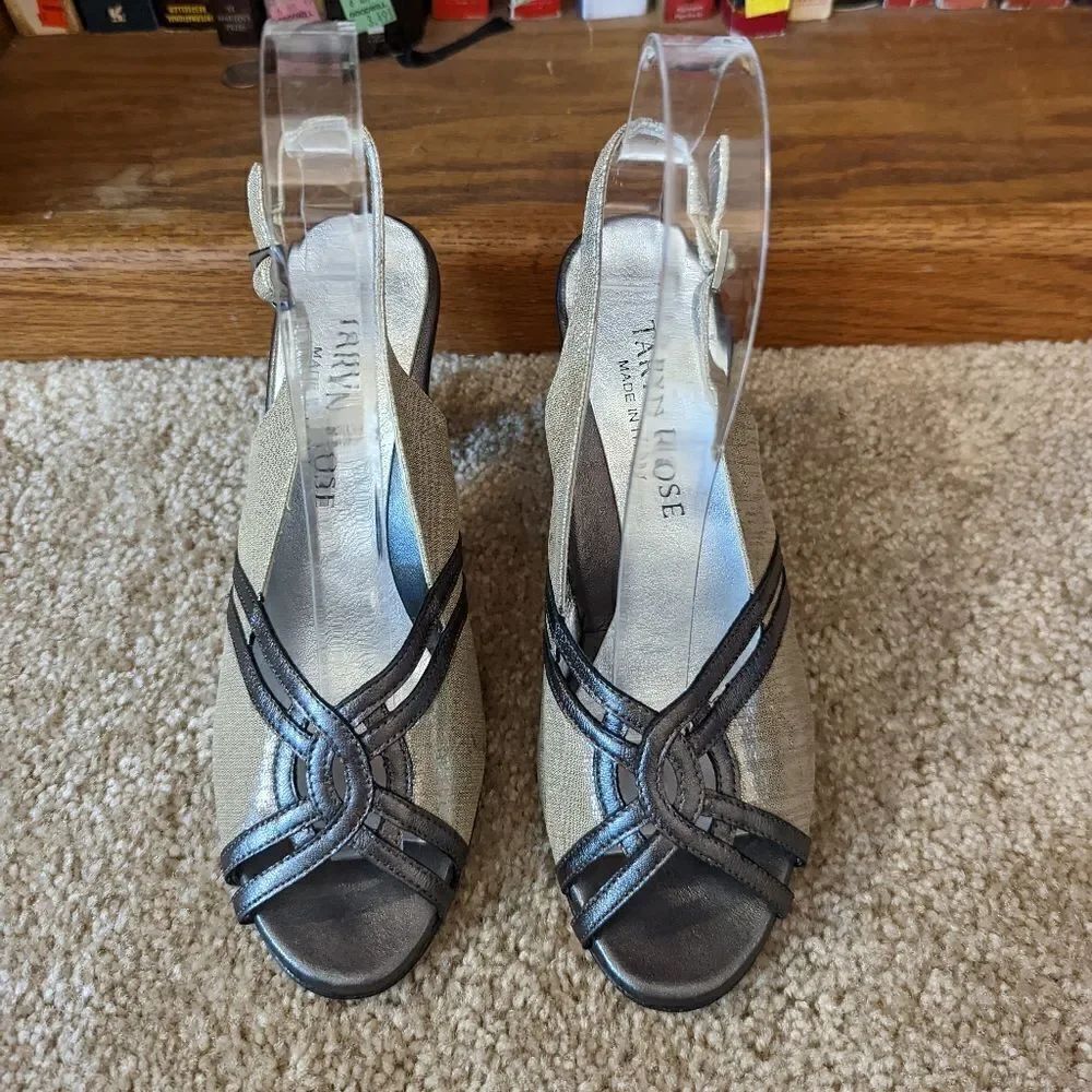 𝅺taryn rose peeptoe slingback gold and brown leather heels sz 36 euc